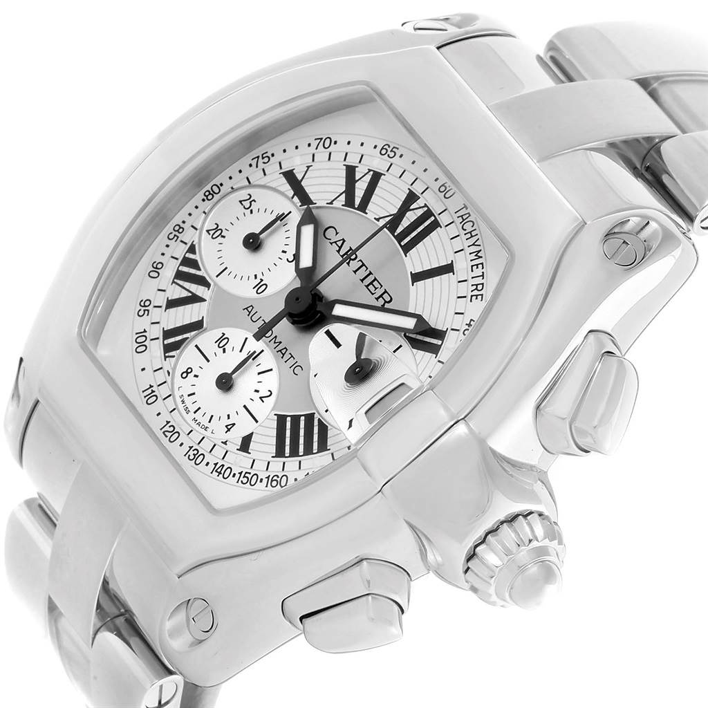 This image shows a Roadster model by Cartier at an angle highlighting its face and side components, including the crown and pushers.