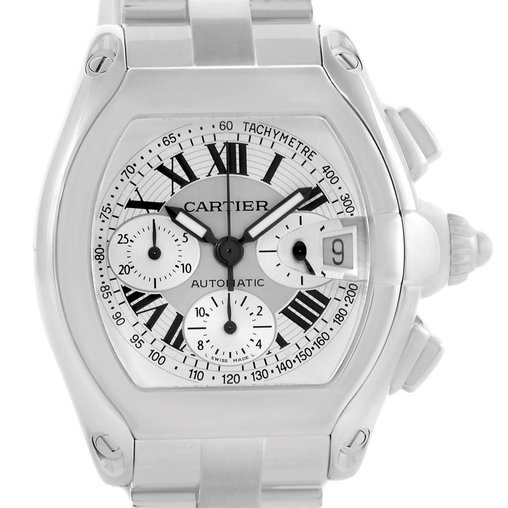 This image shows a frontal view of the Cartier Roadster W62006X6 Men's Stainless Steel Silver Dial W62006X6 Men's Stainless Steel Silver Dial watch, highlighting its dial, tachymeter, and sub-dials.