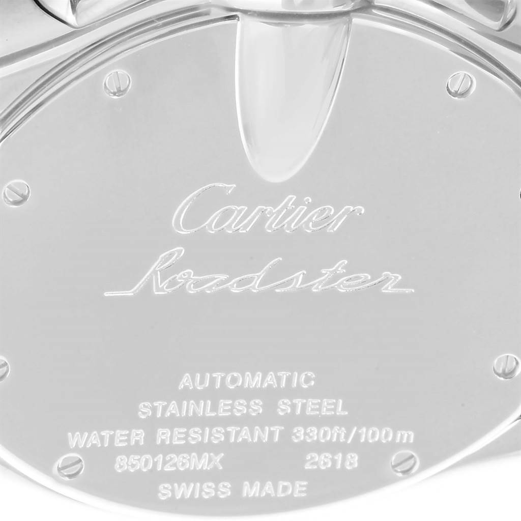 The image shows the back case of a Cartier Roadster W62020X6 Men
s Stainless Steel Black Dial W62020X6 Men
s Stainless Steel Black Dial watch, highlighting the engraved details and specifications.