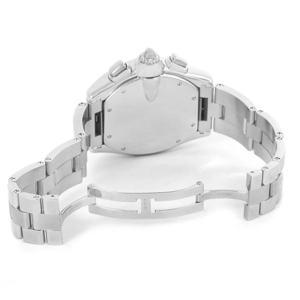 This image shows the back view of the Cartier Roadster W62020X6 Men
s Stainless Steel Black Dial W62020X6 Men
s Stainless Steel Black Dial watch with its clasp open and bracelet visible.