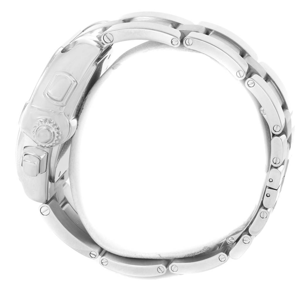 This image shows the side view of the Cartier Roadster W62020X6 Men
s Stainless Steel Black Dial W62020X6 Men
s Stainless Steel Black Dial watch, highlighting the crown and metal bracelet.