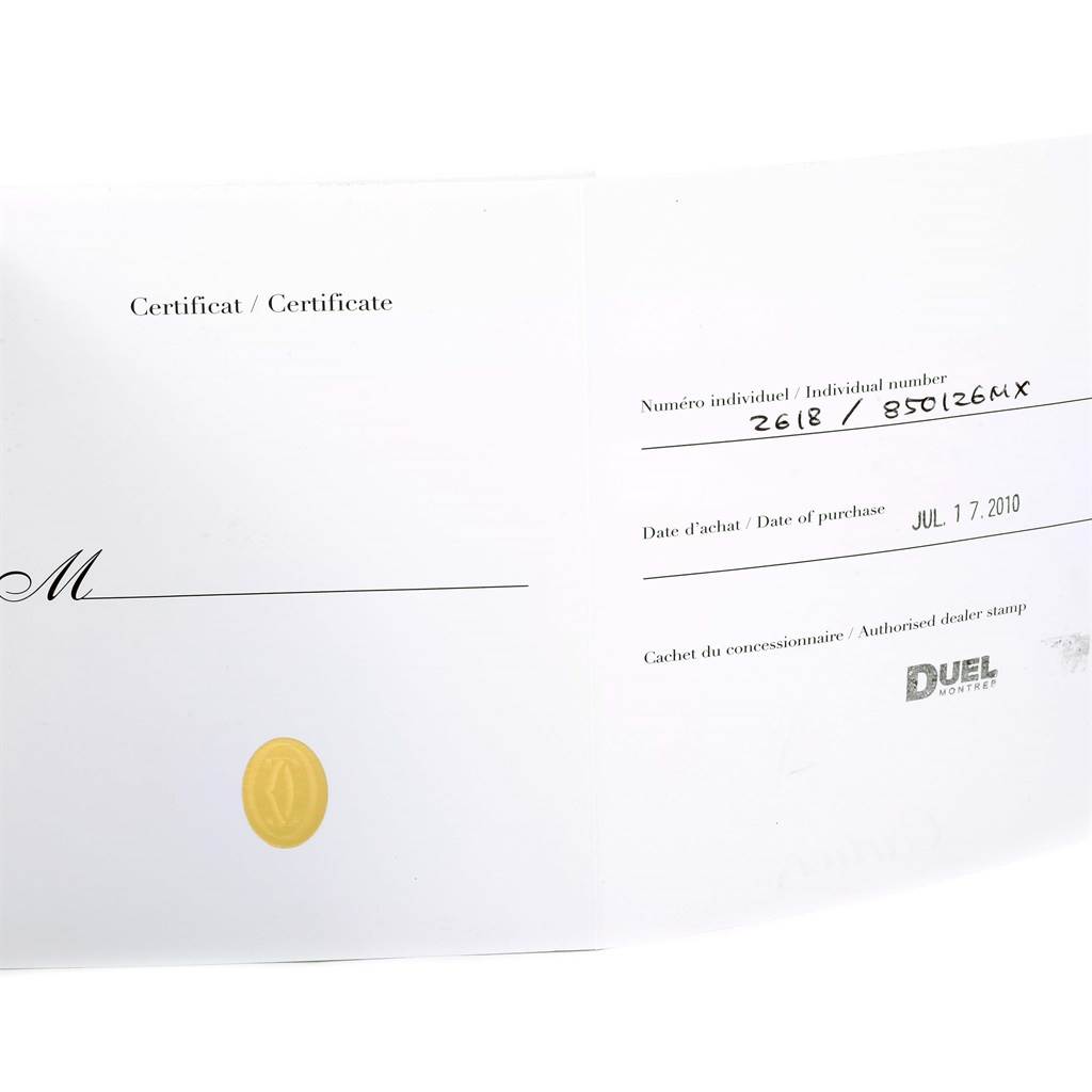 The image shows a certificate for a Cartier Roadster W62020X6 Men
s Stainless Steel Black Dial W62020X6 Men
s Stainless Steel Black Dial watch, including purchase details and an individual number.