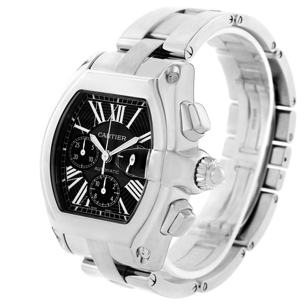 The image shows a Cartier Roadster W62020X6 Men
s Stainless Steel Black Dial W62020X6 Men
s Stainless Steel Black Dial watch at an oblique angle, highlighting the face, crown, and part of the bracelet.