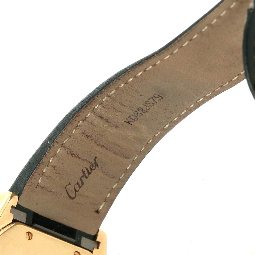 The image shows a close-up of the leather strap and buckle of a Cartier Roadster W62021Y2 Men's Yellow Gold Silver Dial W62021Y2 Men's Yellow Gold Silver Dial watch.