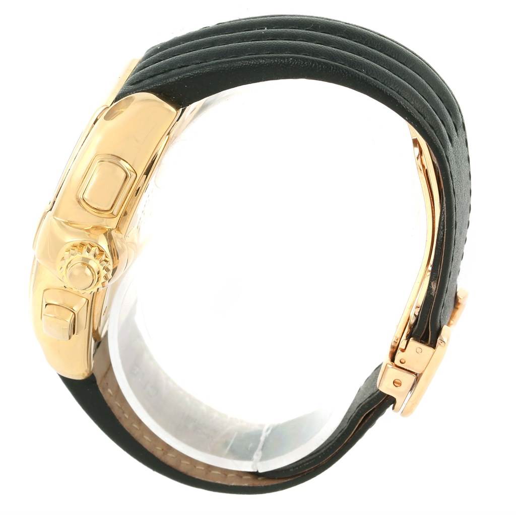 The image shows a side view of the Cartier Roadster W62021Y2 Men's Yellow Gold Silver Dial W62021Y2 Men's Yellow Gold Silver Dial watch, highlighting the crown, case, and strap.