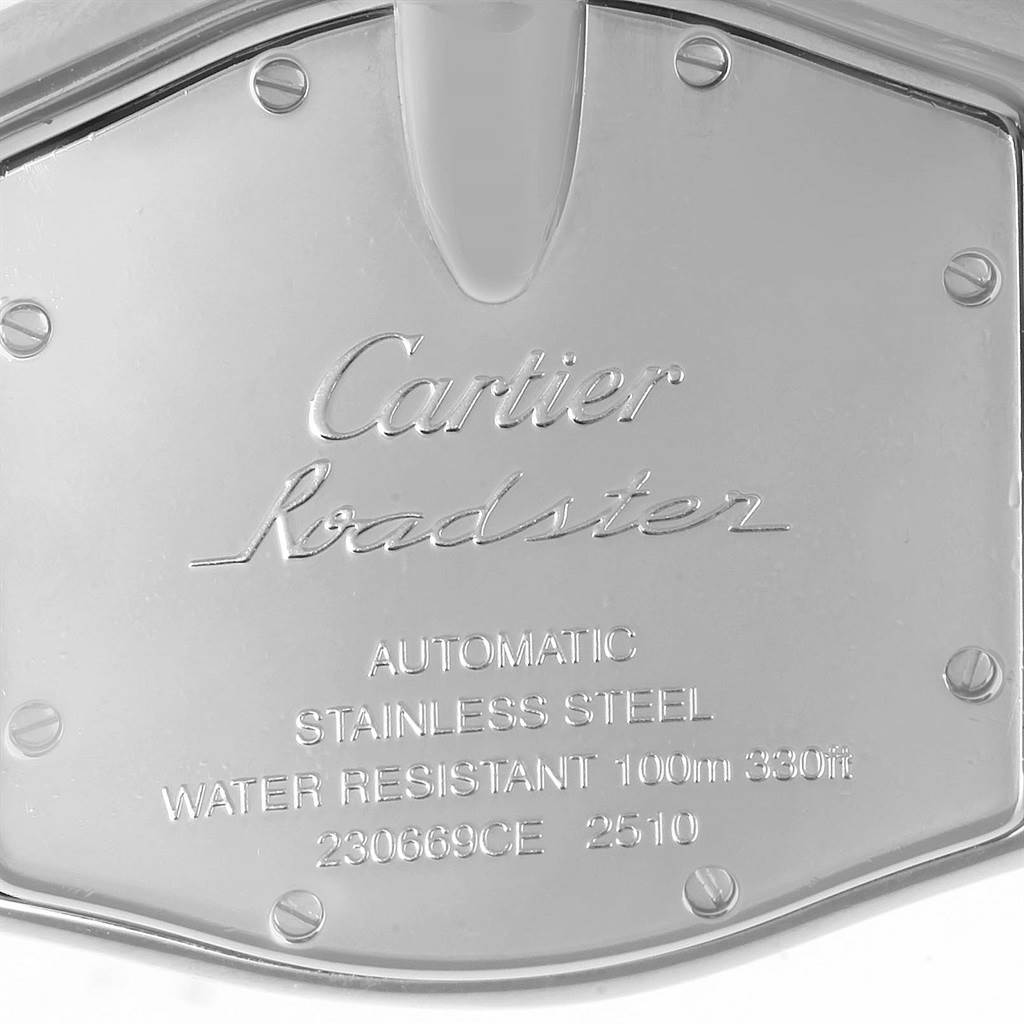 The image shows the back case of a Cartier Roadster W62025V3 Men
s Stainless Steel Silver Dial W62025V3 Men
s Stainless Steel Silver Dial watch engraved with specifications.