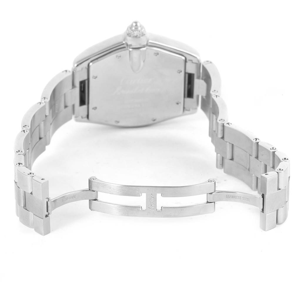 This image shows the back view of a Cartier Roadster W62025V3 Men
s Stainless Steel Silver Dial W62025V3 Men
s Stainless Steel Silver Dial watch, highlighting its stainless steel bracelet and clasp.