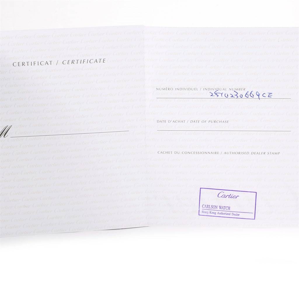 This image shows the certificate documents for the Cartier Roadster W62025V3 Men
s Stainless Steel Silver Dial W62025V3 Men
s Stainless Steel Silver Dial model watch, detailing individual numbers and authorized dealer information.