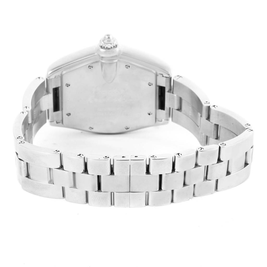 The image shows the back and bracelet of the Cartier Roadster W62025V3 Men
s Stainless Steel Silver Dial W62025V3 Men
s Stainless Steel Silver Dial watch, taken from a straight-on angle.