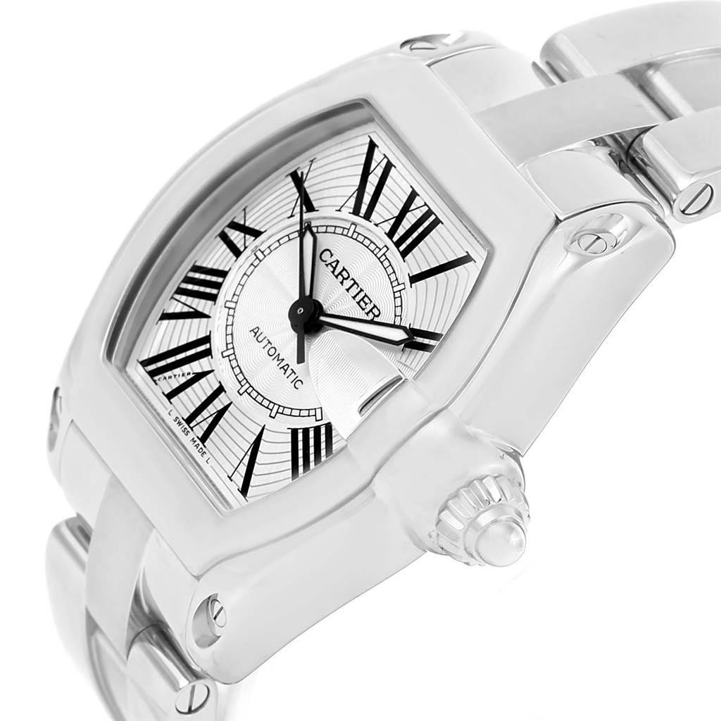 The image shows a close-up of the face and partial bracelet of the Cartier Roadster W62025V3 Men
s Stainless Steel Silver Dial W62025V3 Men
s Stainless Steel Silver Dial watch, highlighting its dial and crown.