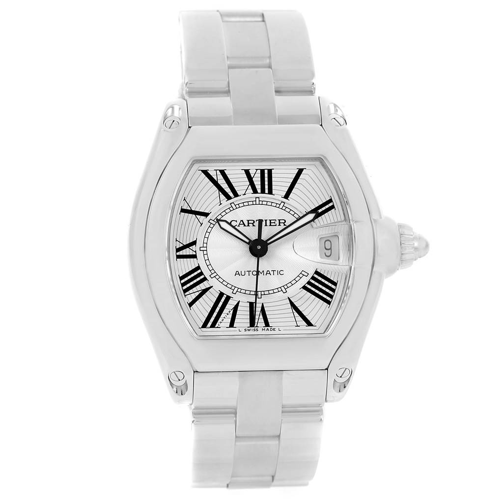 The image shows a Cartier Roadster W62025V3 Men
s Stainless Steel Silver Dial W62025V3 Men
s Stainless Steel Silver Dial watch from a front angle, highlighting the face, bezel, and bracelet.