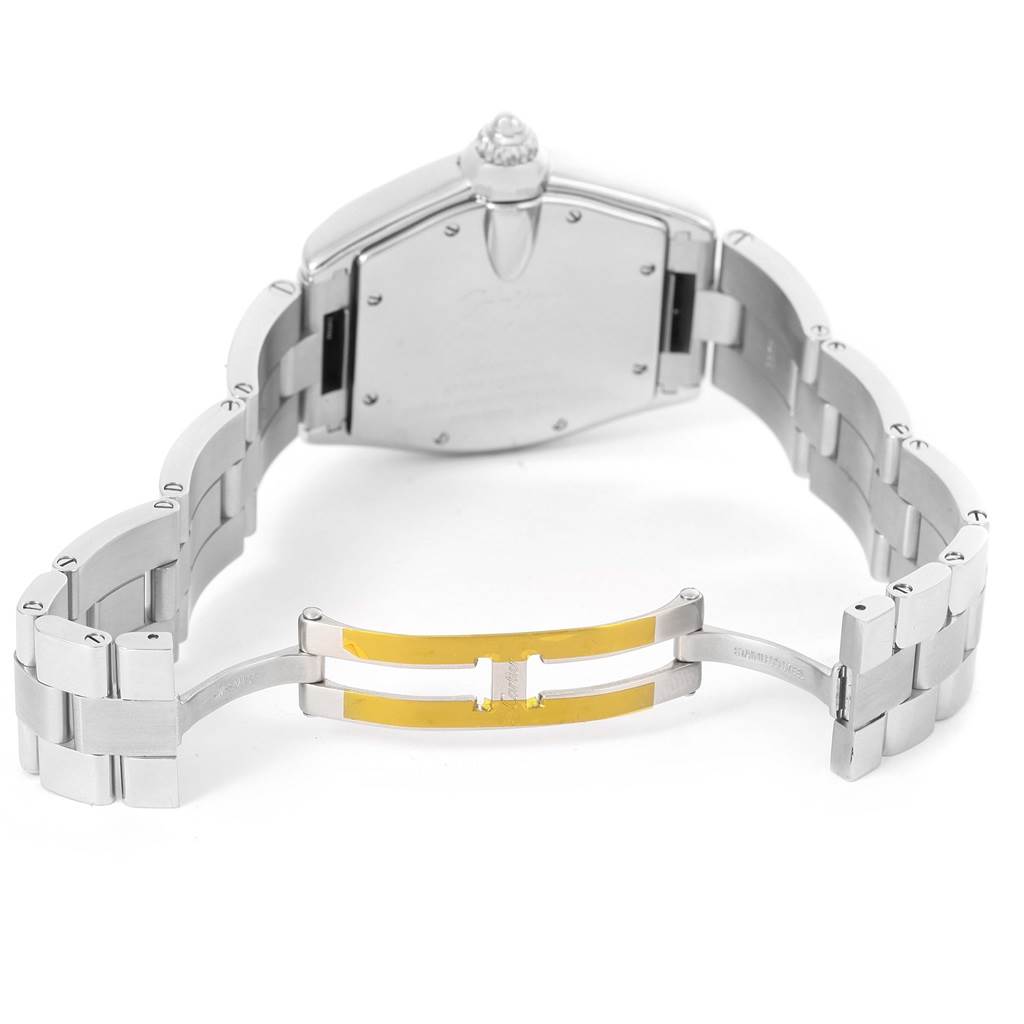 The image shows the back view of a Cartier Roadster W62025V3 Men
s Stainless Steel Silver Dial W62025V3 Men
s Stainless Steel Silver Dial watch, highlighting the clasp and stainless steel bracelet.