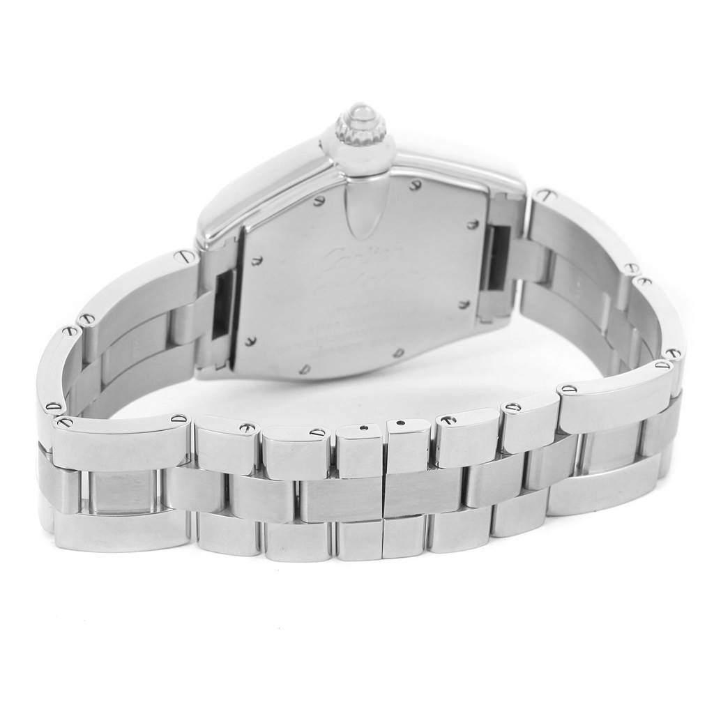 This image shows the back view of the Cartier Roadster W62025V3 Men
s Stainless Steel Silver Dial W62025V3 Men
s Stainless Steel Silver Dial watch including its case, bracelet, and clasp.