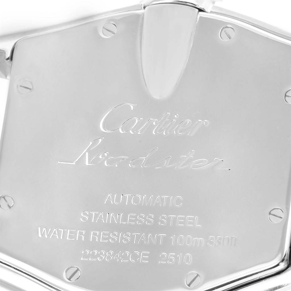 This image shows the engraved back case of a Cartier Roadster W62025V3 Men
s Stainless Steel Silver Dial W62025V3 Men
s Stainless Steel Silver Dial watch.