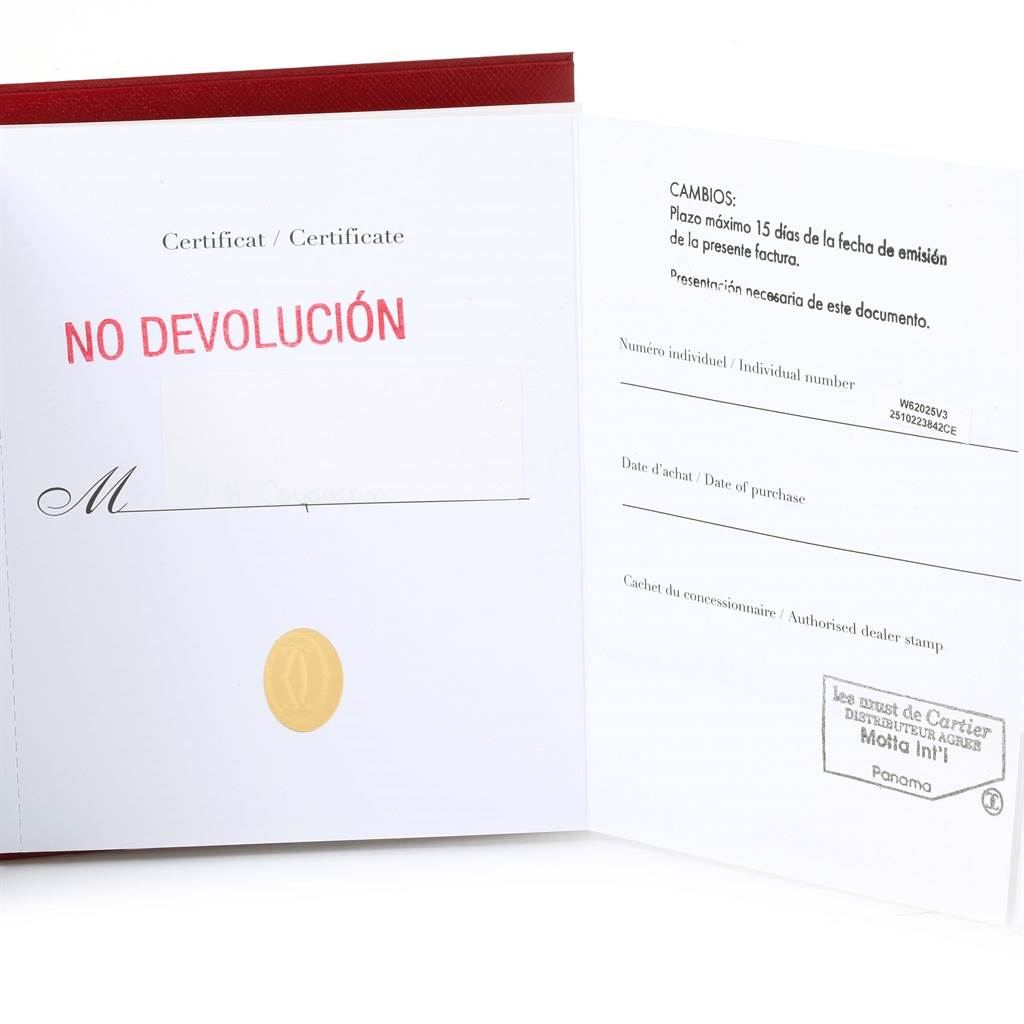 This image shows the certificate and warranty booklet for the Roadster model by Cartier.
