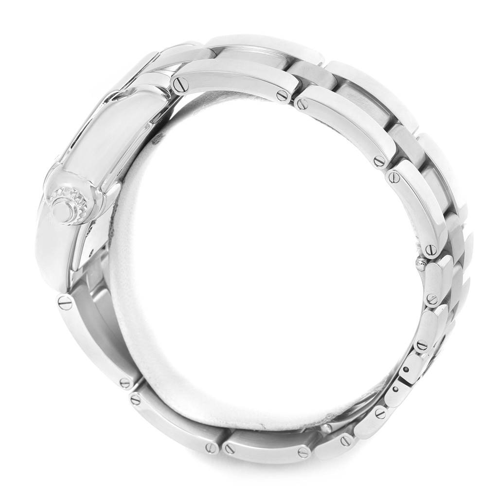 The image shows a side view of the Cartier Roadster W62025V3 Men
s Stainless Steel Silver Dial W62025V3 Men
s Stainless Steel Silver Dial watch
s stainless steel bracelet and part of the clasp.