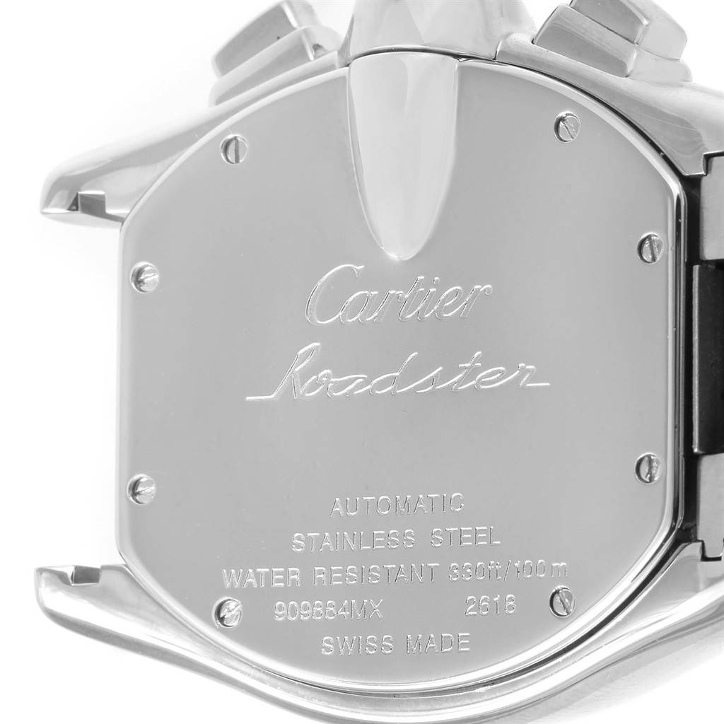 This image shows the back of the Cartier Roadster W62019X6 Men's Stainless Steel Silver Dial W62019X6 Men's Stainless Steel Silver Dial watch, displaying brand engravings and specifications.