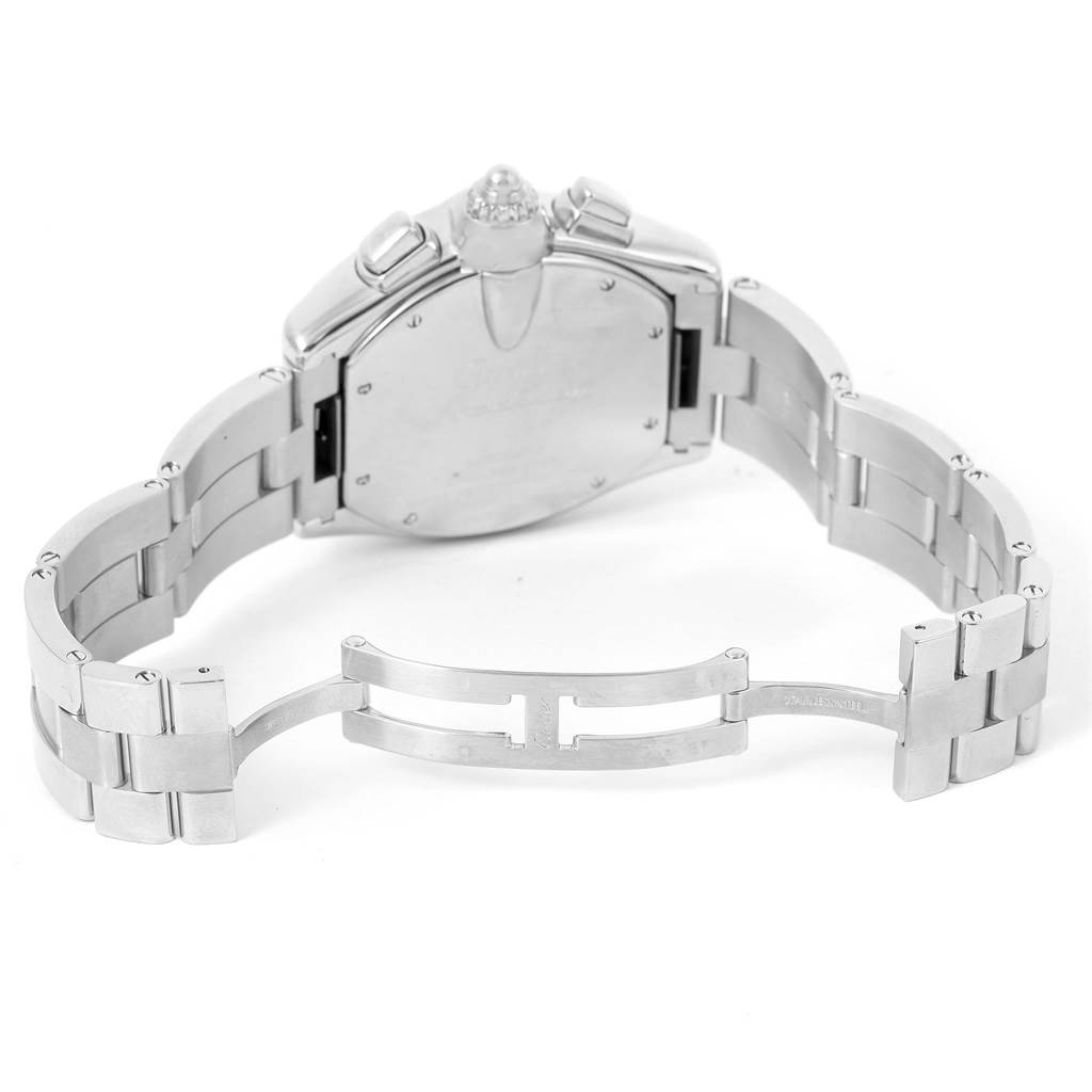 This image shows the back and clasp of the Cartier Roadster W62019X6 Men's Stainless Steel Silver Dial W62019X6 Men's Stainless Steel Silver Dial watch, highlighting the metal bracelet and case back.