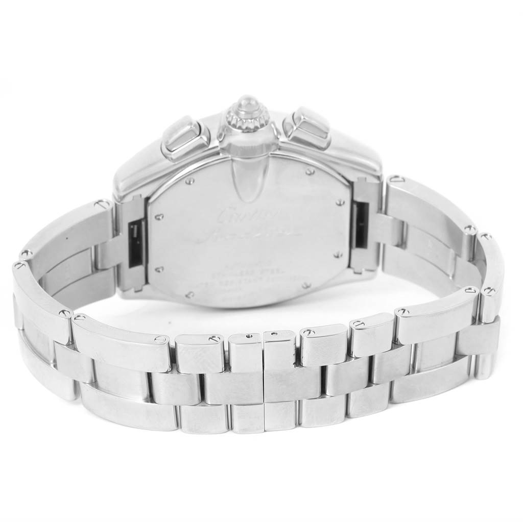 This image of a Cartier Roadster W62019X6 Men's Stainless Steel Silver Dial W62019X6 Men's Stainless Steel Silver Dial watch shows the back case and bracelet from a rear angle.