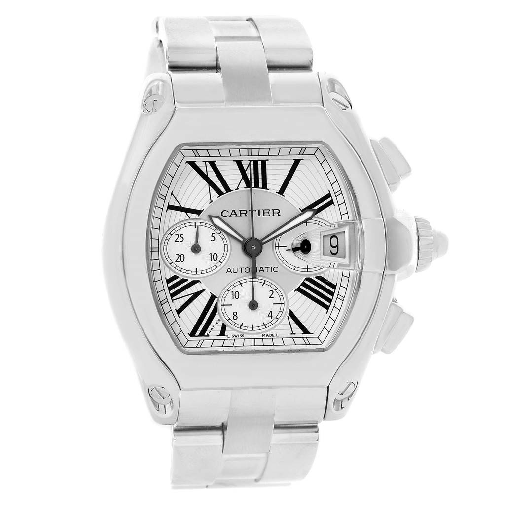 The Cartier Roadster W62019X6 Men's Stainless Steel Silver Dial W62019X6 Men's Stainless Steel Silver Dial watch is shown from a front angle, highlighting the face, bezel, and part of the bracelet.