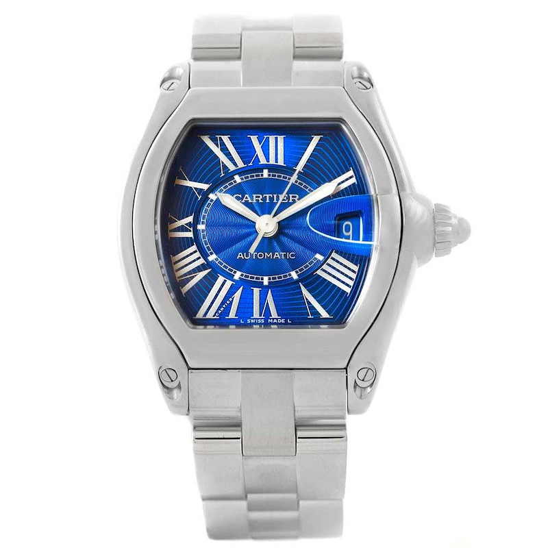 Cartier Roadster Mens Stainless Steel Large Blue Dial Watch W62048V3 SwissWatchExpo