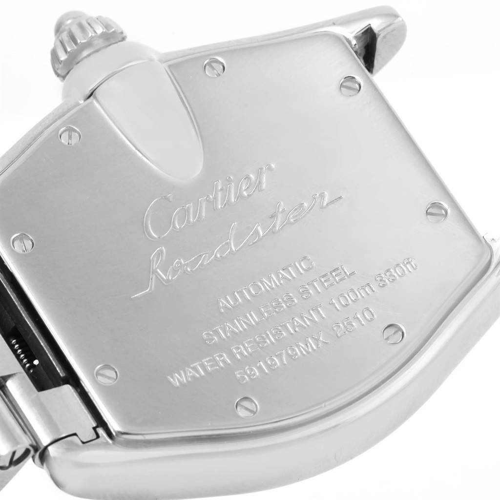 The image shows the back case of the Cartier Roadster W62048V3 Men
s Stainless Steel Blue Dial W62048V3 Men
s Stainless Steel Blue Dial watch, displaying its specifications.