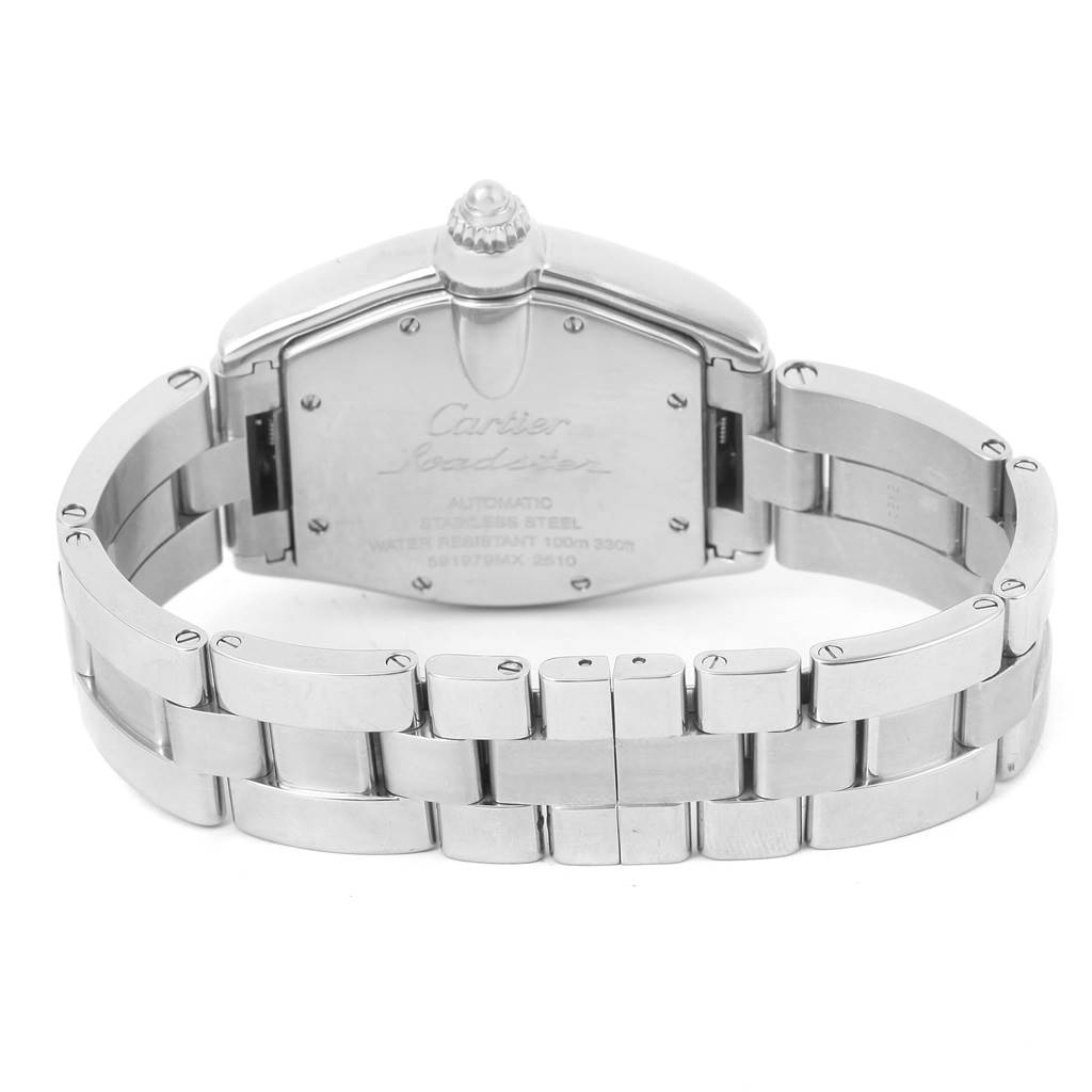 This image shows the back case and bracelet of a Cartier Roadster W62048V3 Men
s Stainless Steel Blue Dial W62048V3 Men
s Stainless Steel Blue Dial watch.