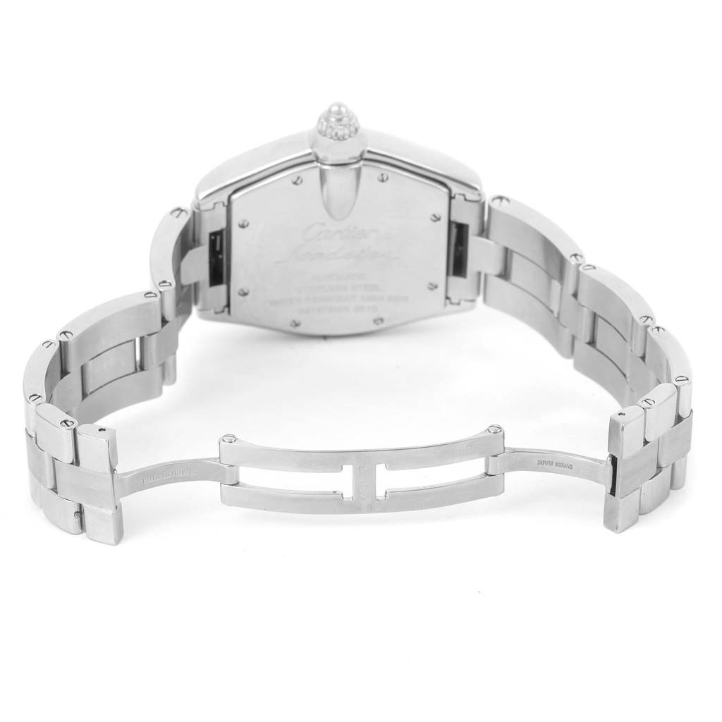 The image shows the back case and bracelet of a Cartier Roadster W62048V3 Men
s Stainless Steel Blue Dial W62048V3 Men
s Stainless Steel Blue Dial watch, photographed from the rear.