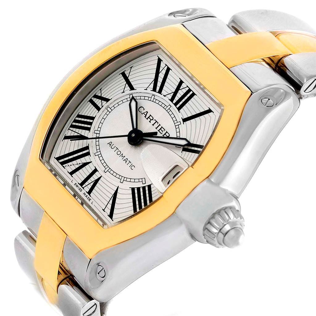 The image shows a Cartier Roadster W62031Y4 Men's Steel and Gold (two tone) Silver Dial W62031Y4 Men's Steel and Gold (two tone) Silver Dial watch at a slight angle, highlighting its face, crown, and part of the bracelet.