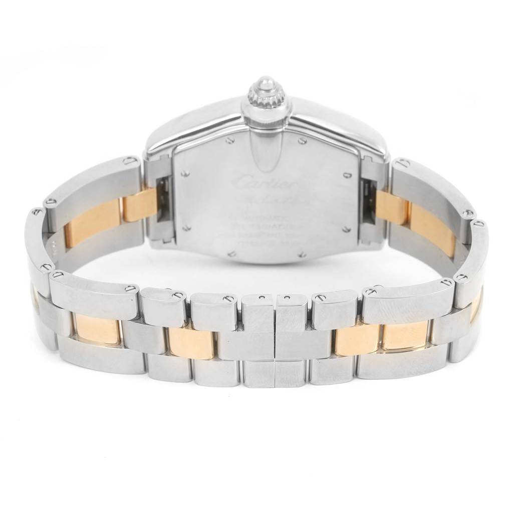 This image shows the back case and two-tone bracelet of a Cartier Roadster W62031Y4 Men's Steel and Gold (two tone) Silver Dial W62031Y4 Men's Steel and Gold (two tone) Silver Dial watch from a rear angle.