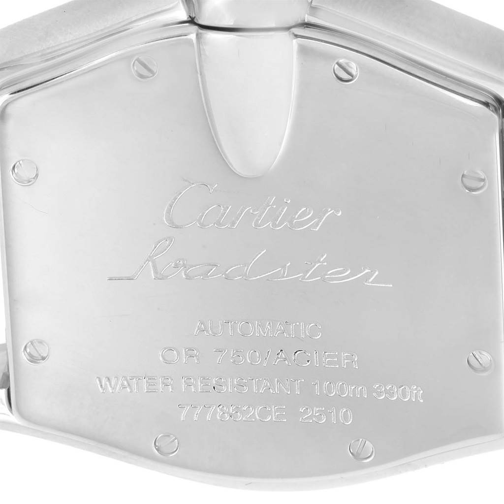 This image shows the case back of the Cartier Roadster W62031Y4 Men's Steel and Gold (two tone) Silver Dial W62031Y4 Men's Steel and Gold (two tone) Silver Dial watch with engraved details about its specifications.