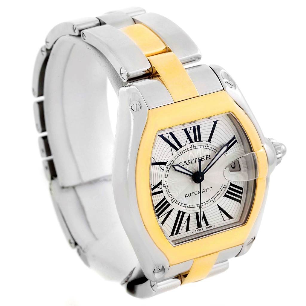 This image shows a Cartier Roadster W62031Y4 Men's Steel and Gold (two tone) Silver Dial W62031Y4 Men's Steel and Gold (two tone) Silver Dial watch at a slight angle, highlighting the front dial and part of the bracelet.
