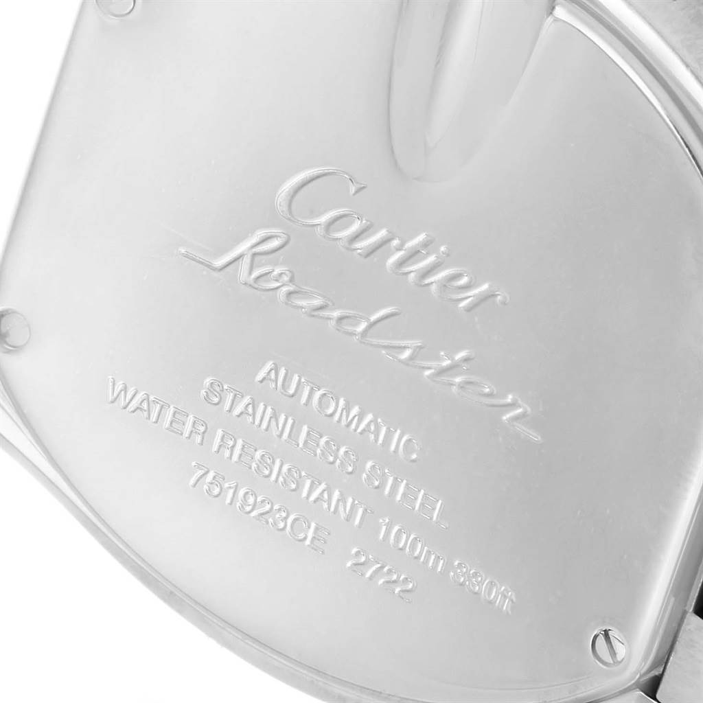 This image shows the case back of a Cartier Roadster W62032X6 Men's Stainless Steel Silver Dial W62032X6 Men's Stainless Steel Silver Dial watch, highlighting the engraved branding and specifications.