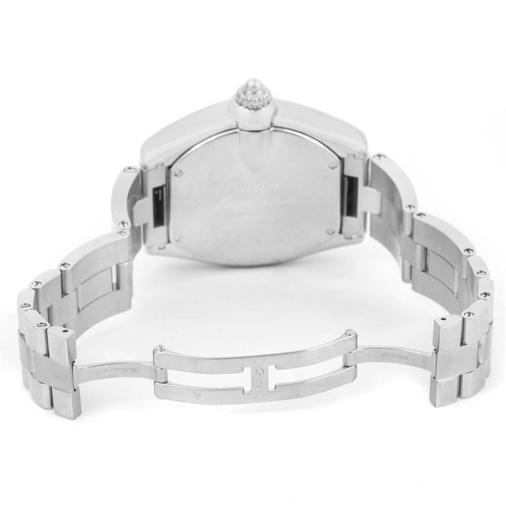 This image shows the back and open bracelet of a Cartier Roadster W62032X6 Men's Stainless Steel Silver Dial W62032X6 Men's Stainless Steel Silver Dial watch, including the clasp and lugs.