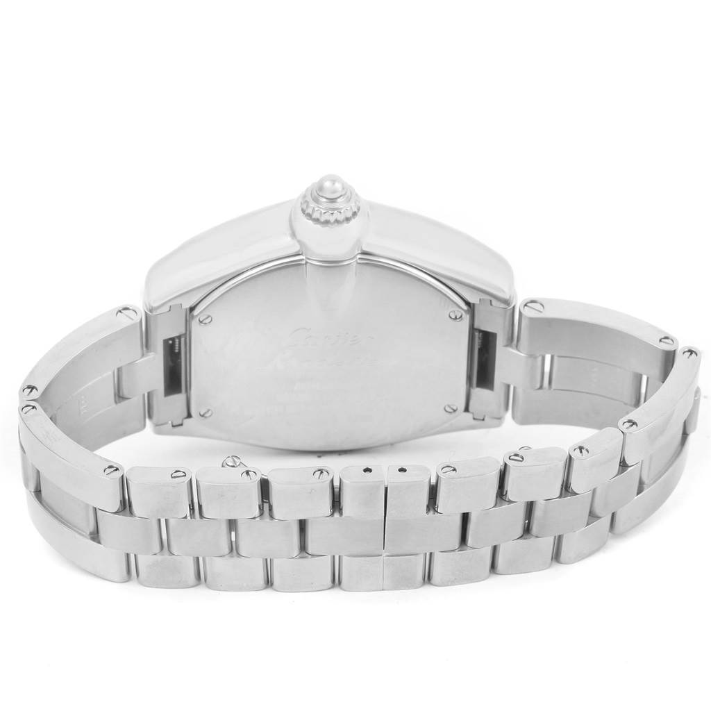 This image shows the back view of the Cartier Roadster W62032X6 Men's Stainless Steel Silver Dial W62032X6 Men's Stainless Steel Silver Dial watch with its metal bracelet and case back visible.