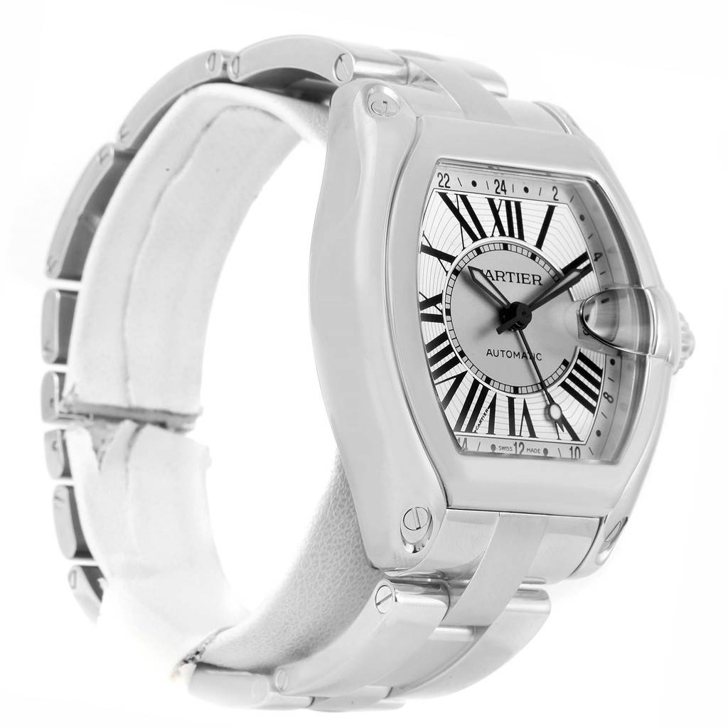 The Cartier Roadster W62032X6 Men's Stainless Steel Silver Dial W62032X6 Men's Stainless Steel Silver Dial watch is displayed at a side angle, showcasing its dial, case, and part of the bracelet.