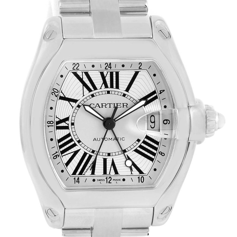 Cartier Roadster GMT Silver Dial Stainless Steel Mens Watch W62032X6 SwissWatchExpo