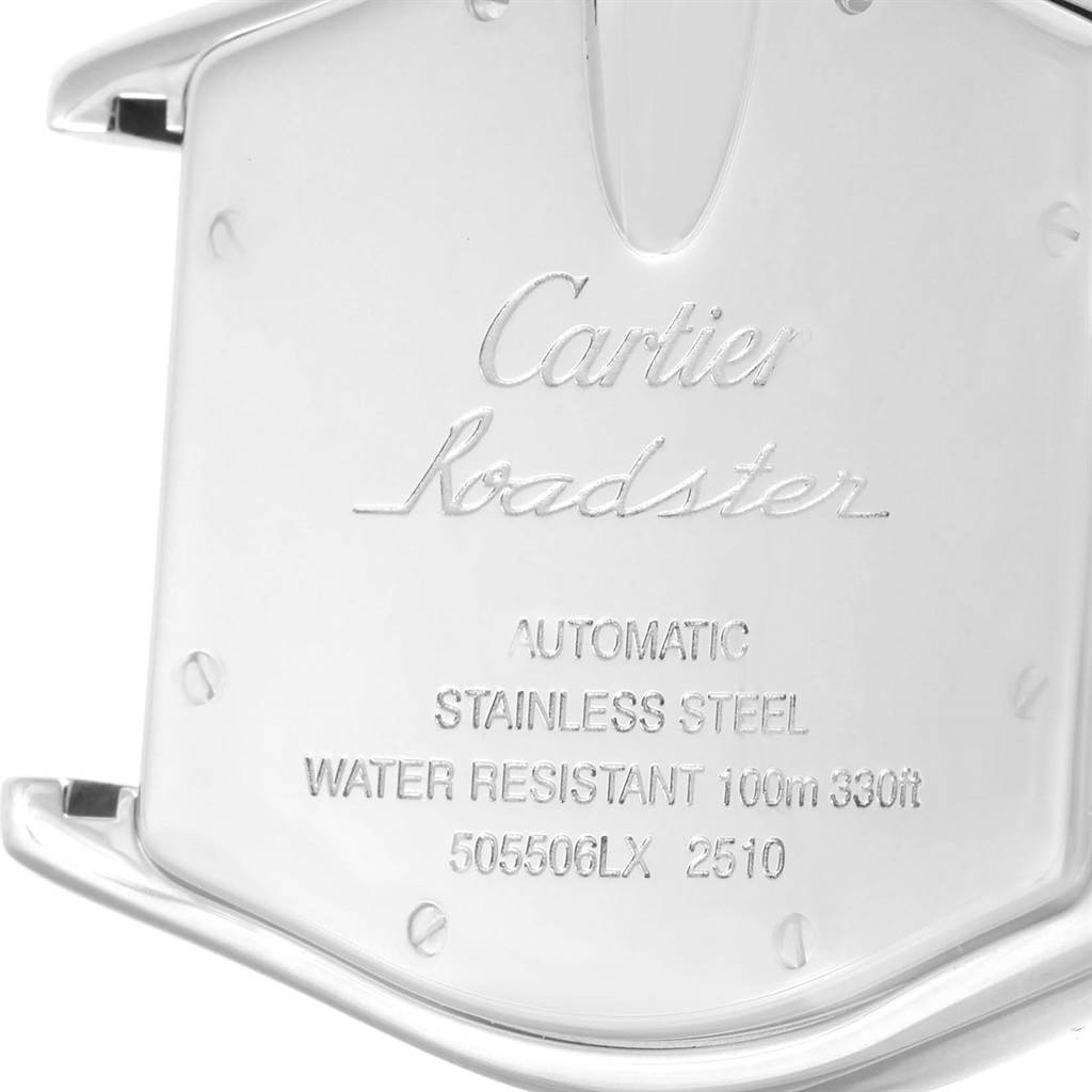 The image shows the back case of a Cartier Roadster W62048V3 Men
s Blue Dial W62048V3 Men
s Blue Dial watch, highlighting its model specifications and materials.