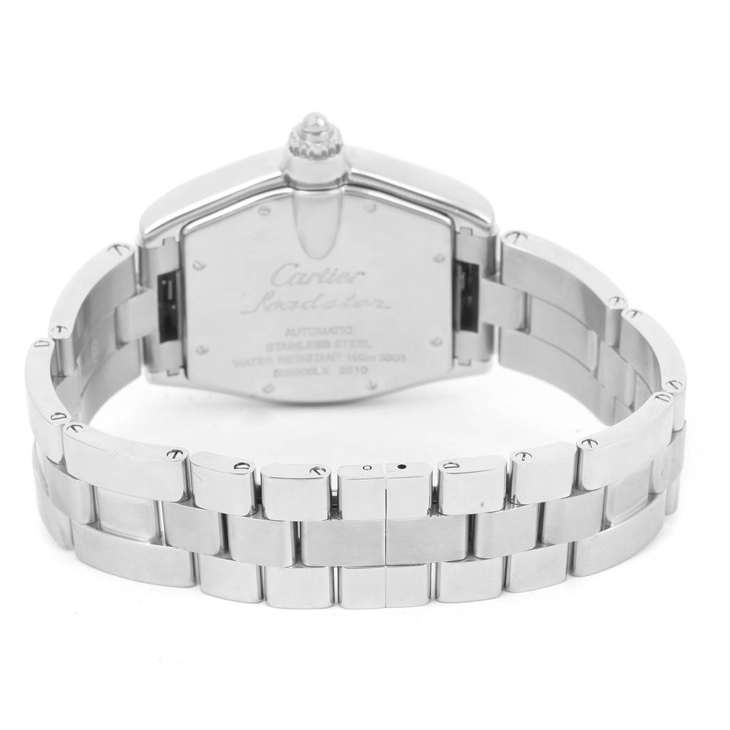 The image shows the back view of a Cartier Roadster W62048V3 Men
s Blue Dial W62048V3 Men
s Blue Dial watch, featuring its stainless steel bracelet and case back.