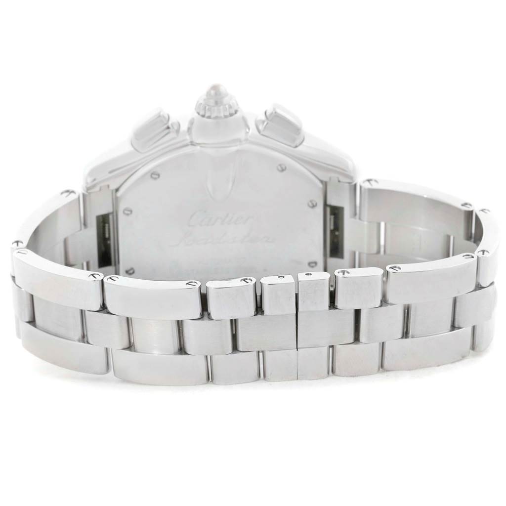 The image shows the back view of a Cartier Roadster W62020X6 Men
s Stainless Steel Black Dial W62020X6 Men
s Stainless Steel Black Dial watch, highlighting its stainless steel bracelet and case back.