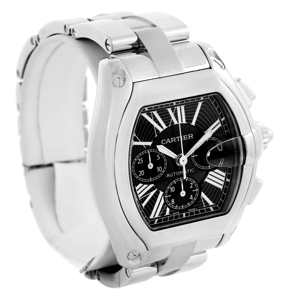 This image shows a frontal view of the Cartier Roadster W62020X6 Men
s Stainless Steel Black Dial W62020X6 Men
s Stainless Steel Black Dial watch, highlighting its face, dial, and bracelet.