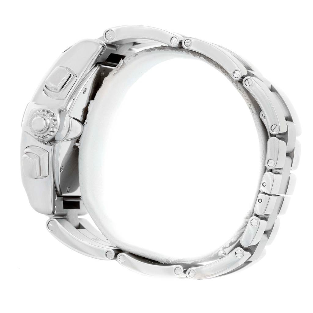 The image shows the side view of a Cartier Roadster W62020X6 Men
s Stainless Steel Black Dial W62020X6 Men
s Stainless Steel Black Dial watch, highlighting its crown, case, and metal bracelet.