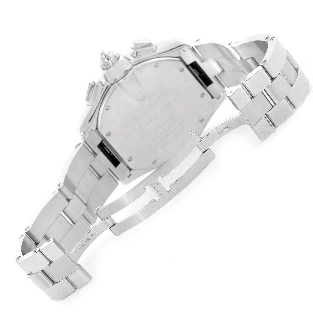 This image shows the back case and open metal bracelet of the Cartier Roadster W62020X6 Men
s Stainless Steel Black Dial W62020X6 Men
s Stainless Steel Black Dial model watch.