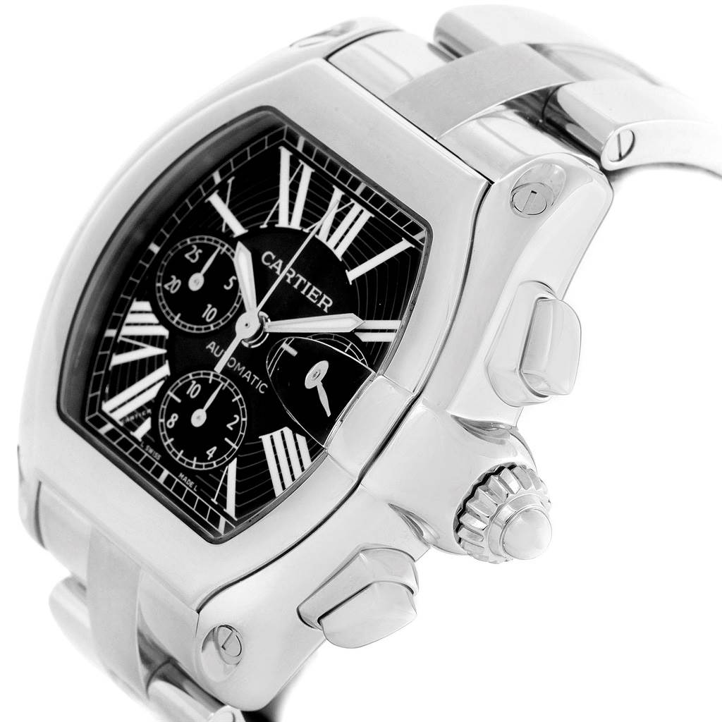 The Cartier Roadster W62020X6 Men
s Stainless Steel Black Dial W62020X6 Men
s Stainless Steel Black Dial watch is shown at an angled close-up, displaying its face, crown, pushers, and part of the bracelet.