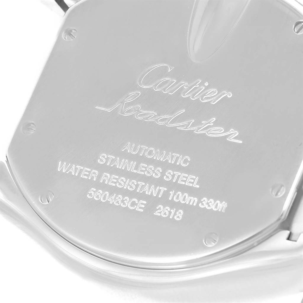 The image shows the back case of a Cartier Roadster W62020X6 Men
s Stainless Steel Black Dial W62020X6 Men
s Stainless Steel Black Dial model watch, displaying its specifications and branding.