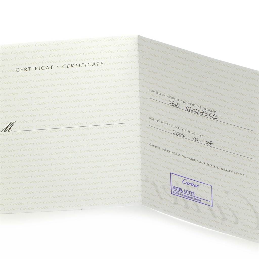 The image shows the certificate for a Cartier Roadster W62020X6 Men
s Stainless Steel Black Dial W62020X6 Men
s Stainless Steel Black Dial watch, displaying purchase date and dealer stamp.