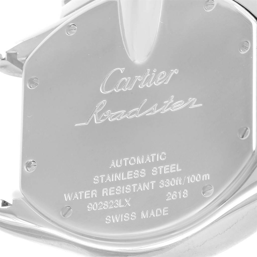 The image shows the back case of a Cartier Roadster W62020X6 Men
s Stainless Steel Black Dial W62020X6 Men
s Stainless Steel Black Dial watch, displaying branding and technical details.