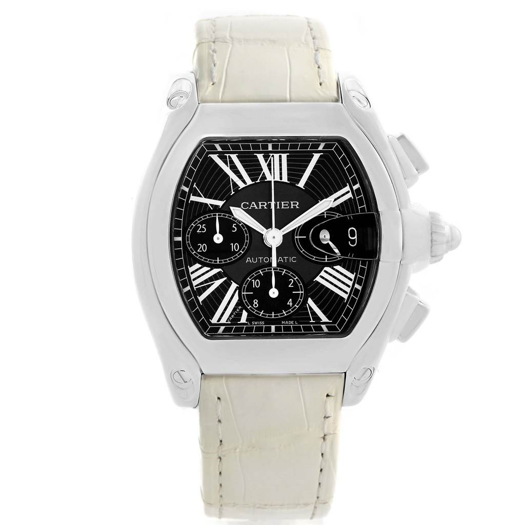 The Cartier Roadster W62020X6 Men
s Stainless Steel Black Dial W62020X6 Men
s Stainless Steel Black Dial watch is shown from a top-down angle, featuring its black dial, silver case, and light-colored leather strap.