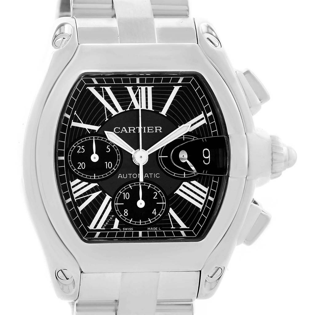 The image shows a Cartier Roadster W62020X6 Men
s Stainless Steel Black Dial W62020X6 Men
s Stainless Steel Black Dial watch, highlighting the face, roman numerals, sub-dials, and part of the bracelet.