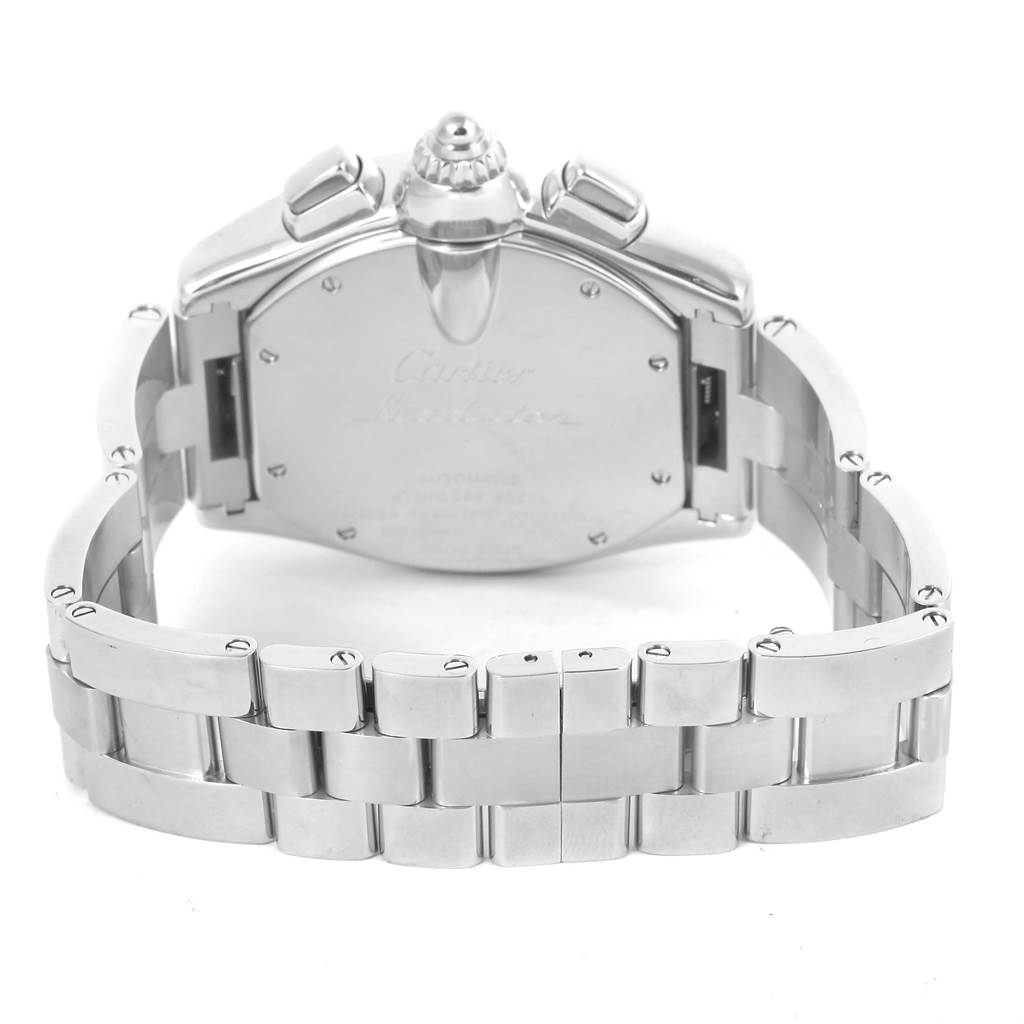 The image shows the back and bracelet of a Cartier Roadster W62020X6 Men
s Stainless Steel Black Dial W62020X6 Men
s Stainless Steel Black Dial watch from a rear angle.